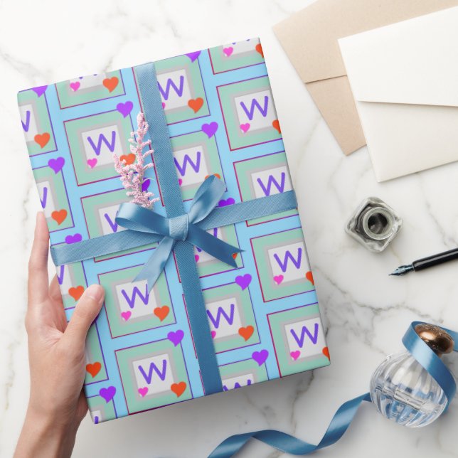 Fun Monogrammed Hearts Teal, Pink, Purple and Blue Wrapping Paper (Gifting)