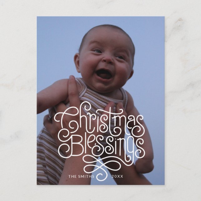 Fun monoline Christmas Blessings script and photo Postcard (Front)