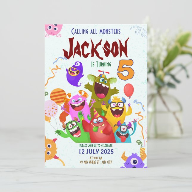 Fun Monster Birthday Party Invitation Card (Standing Front)