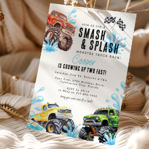 Fun Monster Truck 2nd Birthday Pool Party Invitation