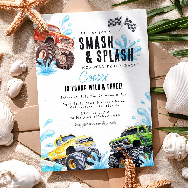 Fun Monster Truck 3rd Birthday Pool Party Invitation (Creator Uploaded)