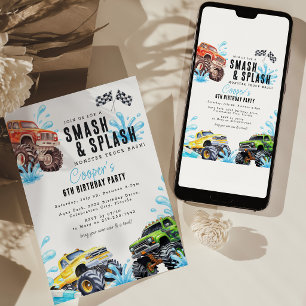 Fun Monster Truck Birthday Pool Party Invitation