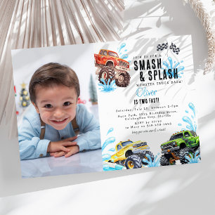 Fun Monster Truck Photo 2nd Birthday Pool Party Invitation