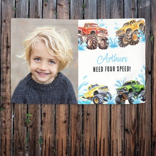 Fun Monster Truck Photo 4th Birthday Pool Party Banner
