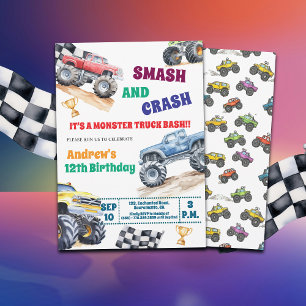 Fun Monster Trucks 12th Birthday Party Invitation