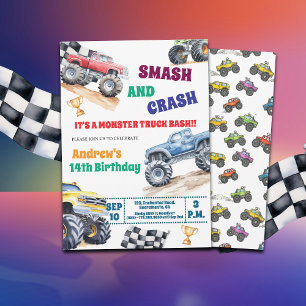 Fun Monster Trucks 14th Birthday Party Invitation