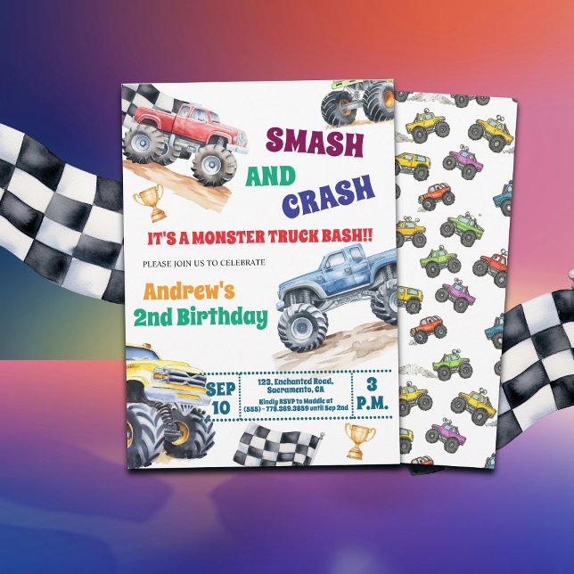 Fun Monster Trucks 2nd Birthday Party Invitation (Creator Uploaded)