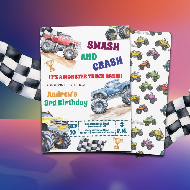 Fun Monster Trucks 3rd Birthday Party Invitation (Creator Uploaded)