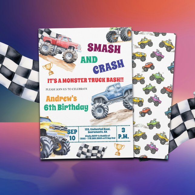 Fun Monster Trucks 6th Birthday Party Invitation (Creator Uploaded)