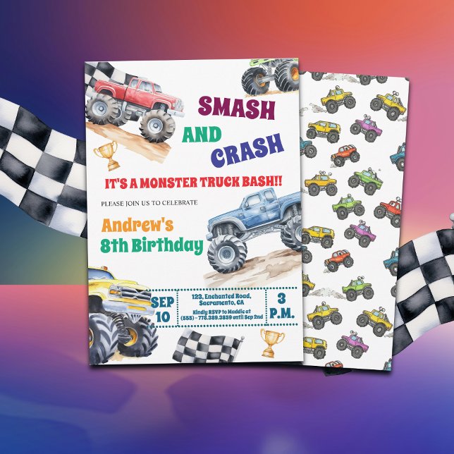 Fun Monster Trucks 8th Birthday Party Invitation (Creator Uploaded)