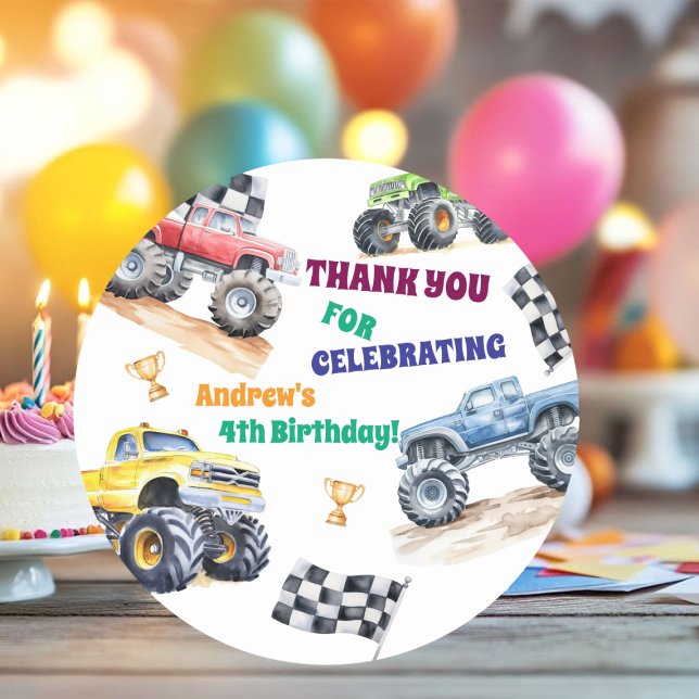 Fun Monster Trucks Birthday Party  Classic Round Sticker (Creator Uploaded)