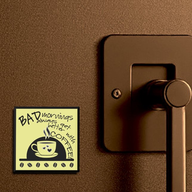 Fun Mornings Get Better With Coffee Yellow Artwork Magnet (2" square magnet)