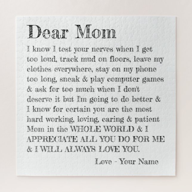 Fun Mothers Day Letter Dear Mum Typography Jigsaw Puzzle (Vertical)