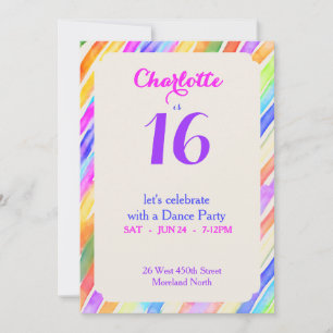 Fun Multi-colored Striped 16th Birthday Party Invitation