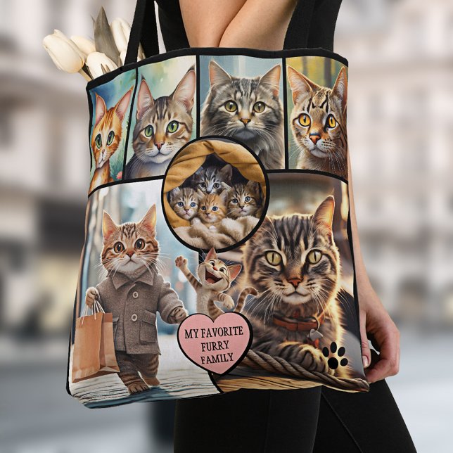 Fun Multi Photo Collage Cat Lover Tote Bag (Tote bag featuring a collage of your favorite cat photos in different shapes with a heart)