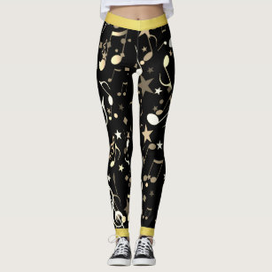 Fun Music Notes on Black with Faux Gold Trim Leggings