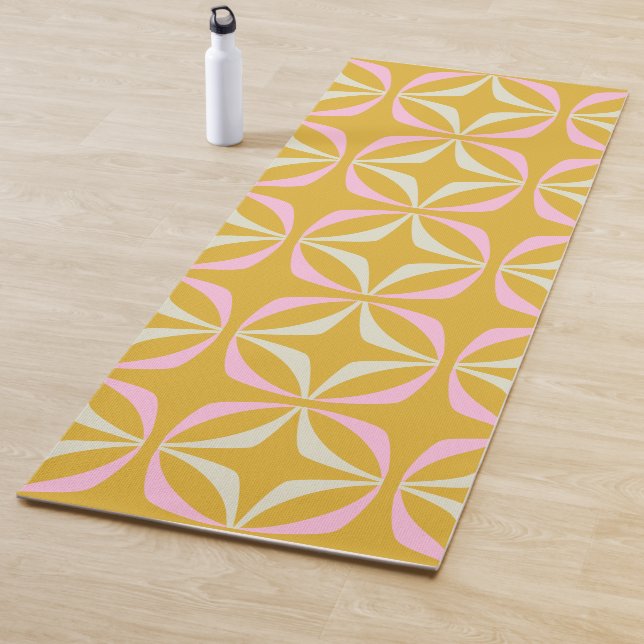 Fun Mustard and Pink Mid Century Modern Pattern Yoga Mat (In Situ)