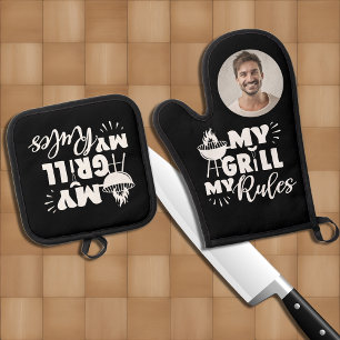 Fun My Grill My Rules Typography Photo Oven Mitt & Pot Holder Set