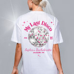 Fun My Last Disco Bride Wedding Bachelorette Party T-Shirt<br><div class="desc">Personalise the front and back of this super cute and fun My Last Disco theme hot pink and white wedding Bachelorette Party or Weekend t-shirt for the bride with Disco Bride and retro disco ball on the front pocket square, and Bride Name, year, and city / state of the party...</div>
