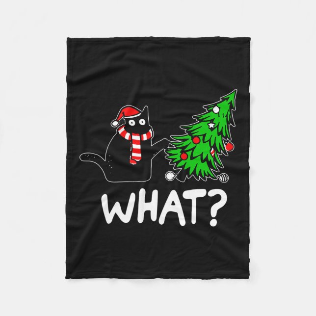 Fun Naughty Black Cat Pushing Christmas Tree Over  Fleece Blanket (Front)