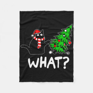 Fun Naughty Black Cat Pushing Christmas Tree Over Fleece Blanket