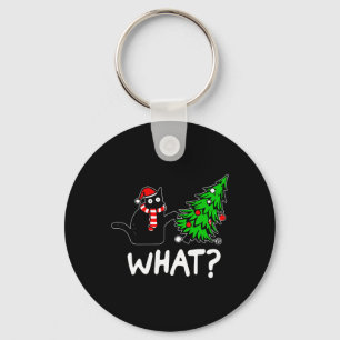 Fun Naughty Black Cat Pushing Christmas Tree Over Key Ring