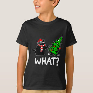 Fun Naughty Black Cat Pushing Christmas Tree Over  T-Shirt