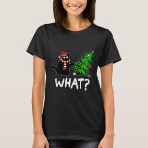 Fun Naughty Black Cat Pushing Christmas Tree Over T-Shirt