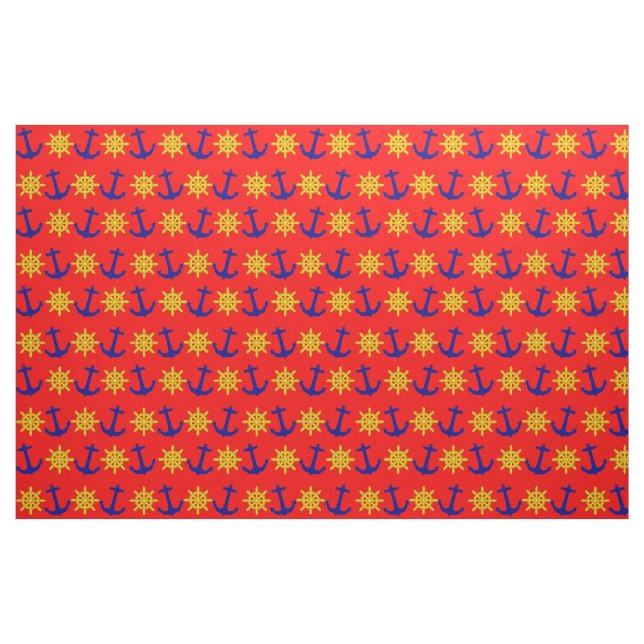Fun Nautical Anchor and Wheel Pattern on Red Fabric (Fat Quarter)