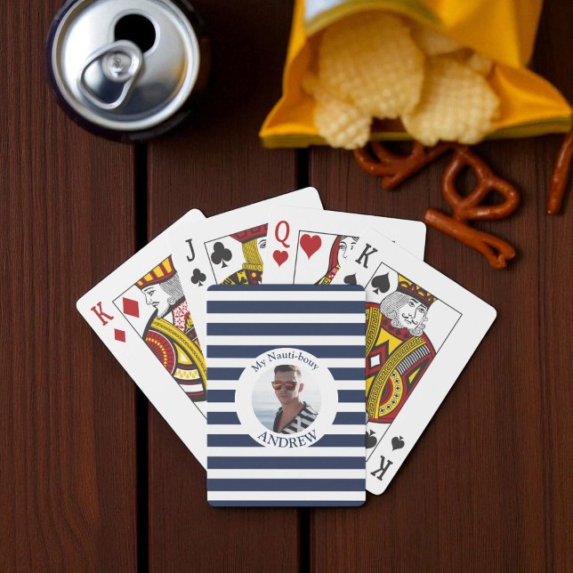 Fun Nautical Blue Striped Personalised Photo  Playing Cards (Creator Uploaded)