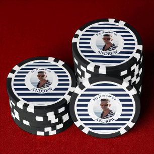 Fun Nautical Blue Striped Personalised Photo Poker Chips