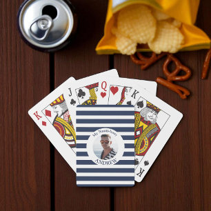 Fun Nautical Blue Striped Personalized Photo  Playing Cards