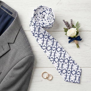 Fun Nautical Dark Blue Anchor Pattern On White Tie