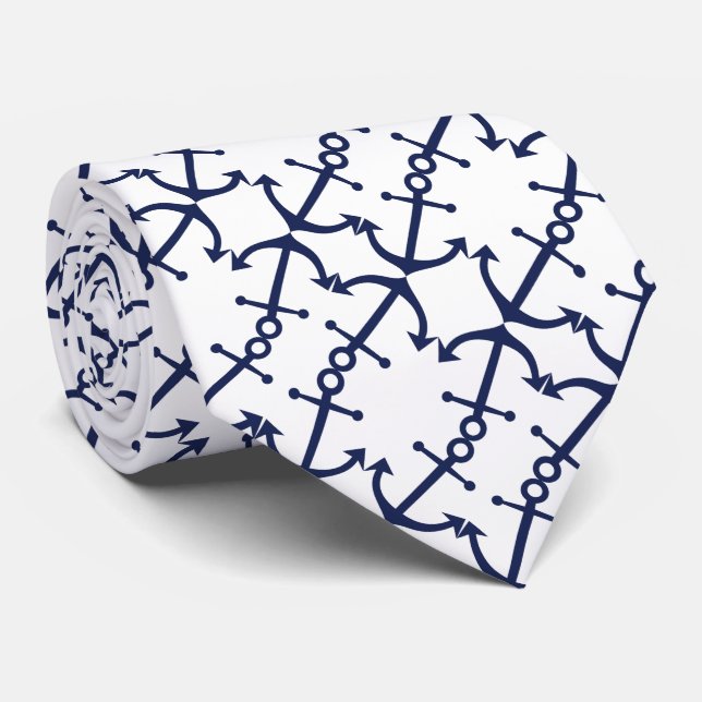 Fun Nautical Dark Blue Anchor Pattern On White Tie (Rolled)
