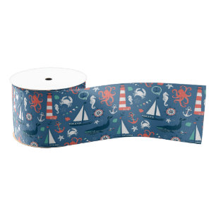 Fun Nautical Graphic Pattern Grosgrain Ribbon