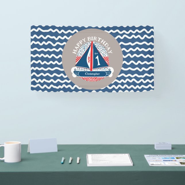 Fun Nautical Happy 1st Birthday Sailboat Party Banner (Tradeshow)