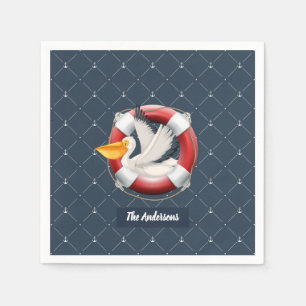 Fun Nautical Pelican in Life Preserver with Name Napkin