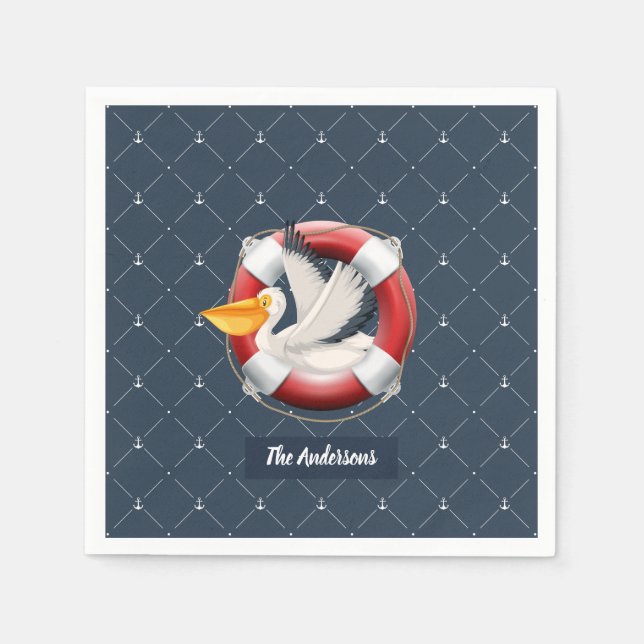 Fun Nautical Pelican in Life Preserver with Name Napkin (Front)