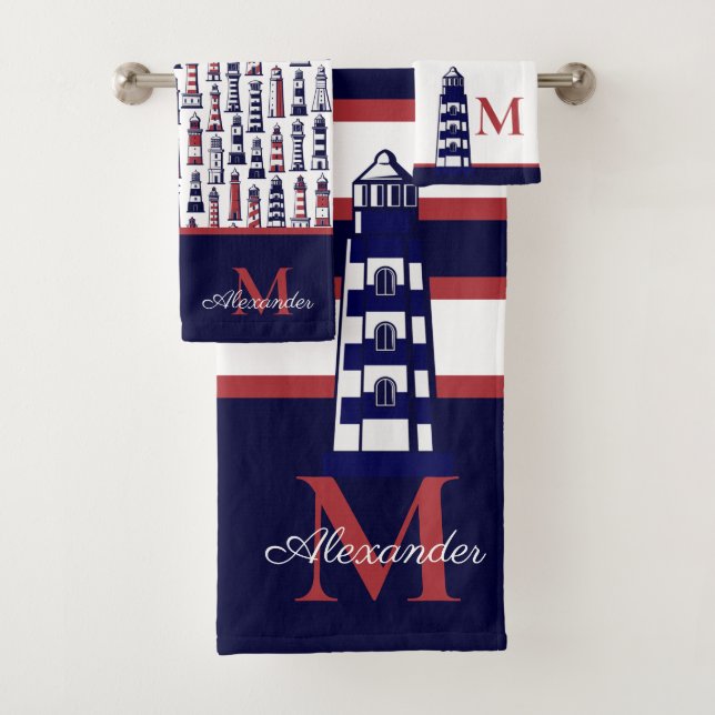 Fun Nautical Red White Navy Blue Stripe Lighthouse Bath Towel Set (Insitu)