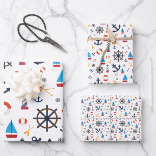 Fun Nautical Sailboat Lighthouse Ocean Sea Pattern Wrapping Paper Sheet