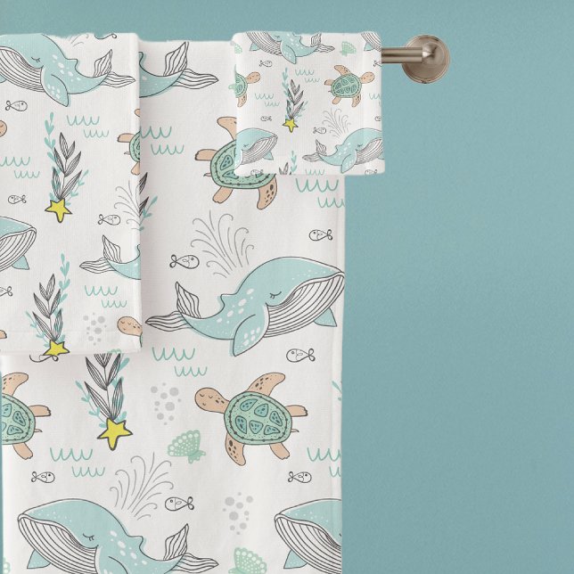 Fun Nautical Whale Sea Turtle Pattern Bath Towel Set (Creator Uploaded)
