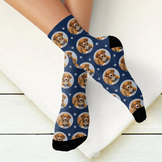 Fun Navy Blue Custom Dog Photo Paw Print Socks