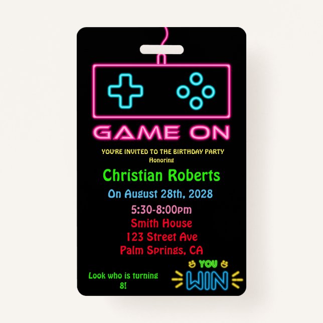 Fun Neon Gamer Birthday Birthday Party ID Badge (Front)