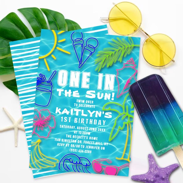 Fun Neon One In The Sun Summer 1st Birthday Invitation (Creator Uploaded)
