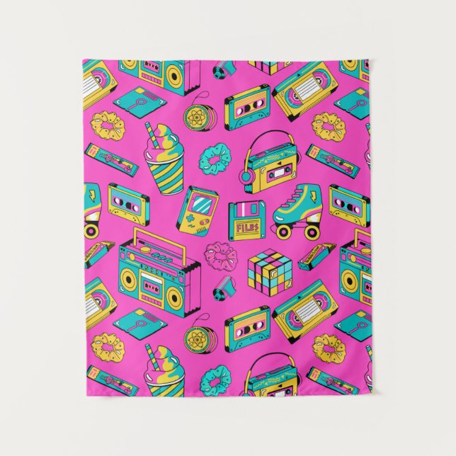 Fun Neon Pink Retro 80s 90s Tech Bright Pattern Tapestry (Front)