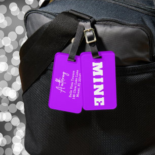 Fun Neon Purple White MINE Custom Luggage Tag