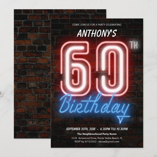 Fun Neon Retro 60th Birthday Party Invitation (Front/Back)