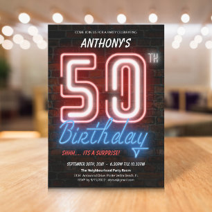 Fun Neon Retro Surprise 50th Birthday Party Invitation