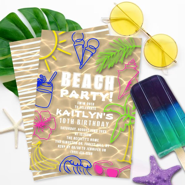 Fun Neon Summer Beach Party Any Age Birthday Invitation (Creator Uploaded)