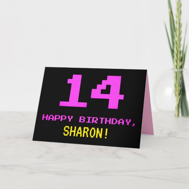 Fun, Nerdy, Geeky, Pink, 8-Bit Style 14th Birthday Card (Front)
